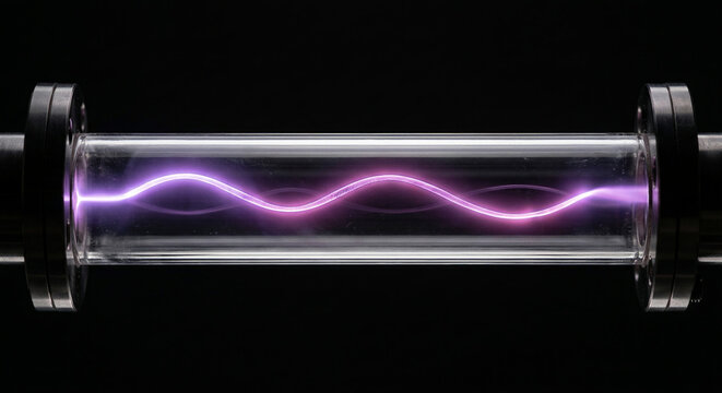 Ionized argon plasma arc glowing in quartz glass vacuum tube for physics research and advanced energy concept