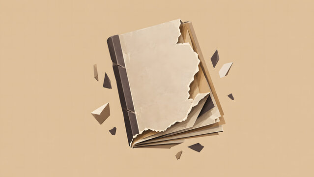 a vintage closed book with torn edges shattering into small paper fragments