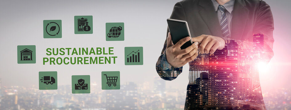 A business professional focuses on sustainable procurement while using a smartphone in an urban setting, surrounded by infographic icons emphasizing environmental and strategic goals. Ledger