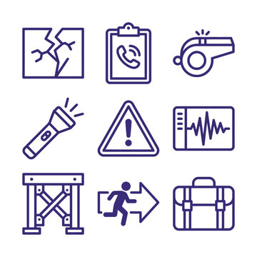 Set of nine purple line icons representing business, safety, and communication concepts