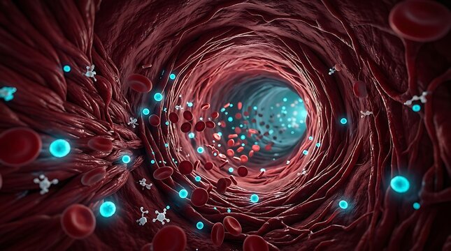 Blood cells flowing through a blood vessel