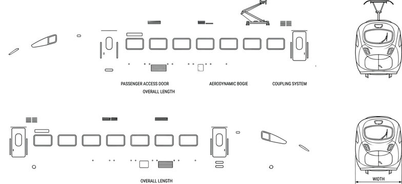 Technical drawing of modern high speed train with side and front elevation views