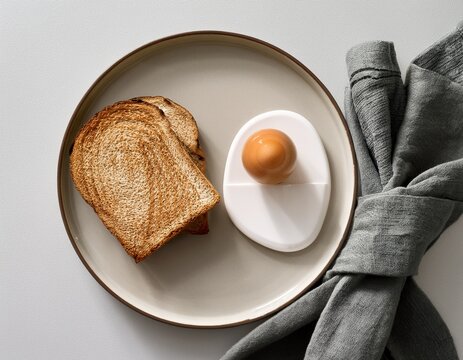 minimal breakfast flat lay with bread egg plate and napkin for healthy lifestyle branding neutral kitchen composition supports food advertising recipe content and wellness marketing
