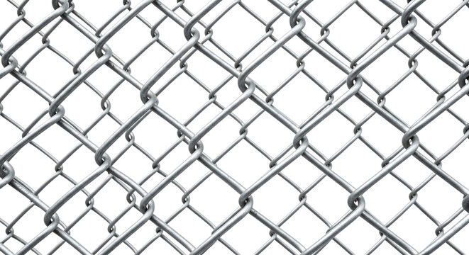 A close-up view of a silver-colored metal chain-link fence with a diamond-shaped pattern, , showing wire texture isolated on a transparent background
