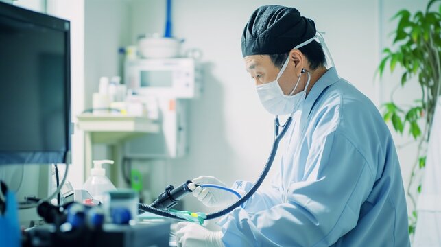 Male doctor performing an endoscopy (medical care, gastroscopy, diagnostic testing)