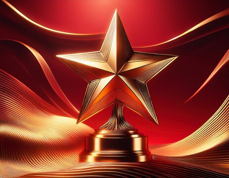 luxury golden star trophy standing on glowing red background with flowing golden wavy lines representing first place award victory and success