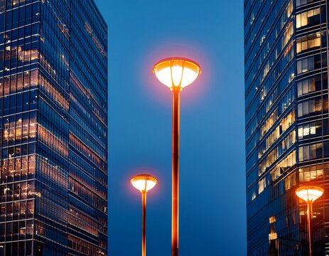 row of glowing warm orange street lamps stand between two modern glass skyscrapers against deep blue evening sky shows minimalist contemporary urban city infrastructure design