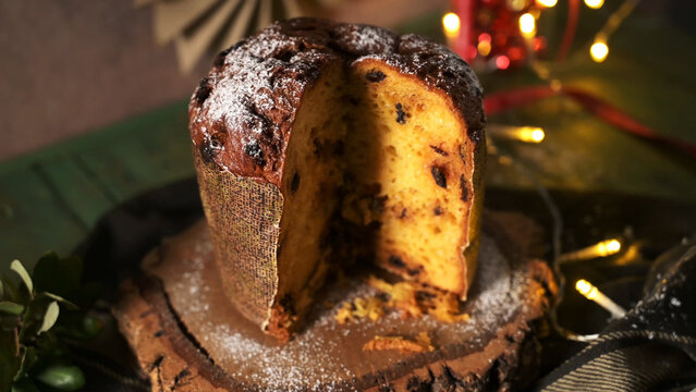 Traditional panettone cake with a slice cut out