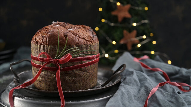 Traditional panettone cake tied with a red ribbon