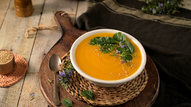 Creamy pumpkin soup in a ceramic bowl with seeds