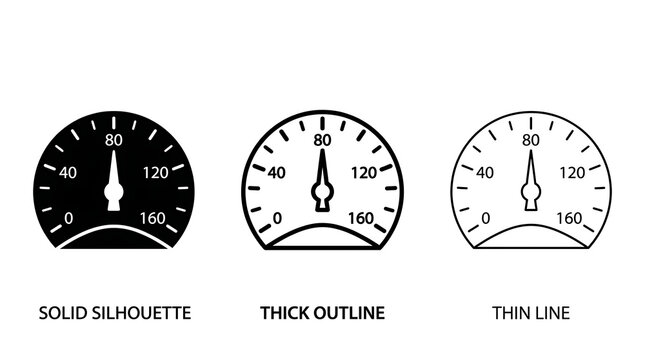 Minimalist speedometer icon set showing solid silhouette, thick outline and thin line styles.