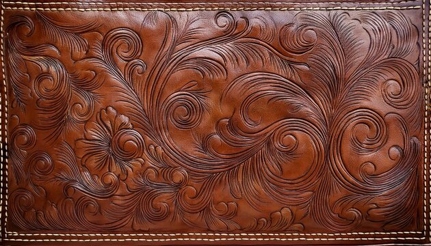 western hand tooled leather panel with embossed floral scroll pattern and visible stitching border in warm brown tones