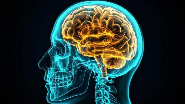 3D medical animation of a glowing orange human brain inside a blue transparent skull profile against a dark background for science and healthcare concepts