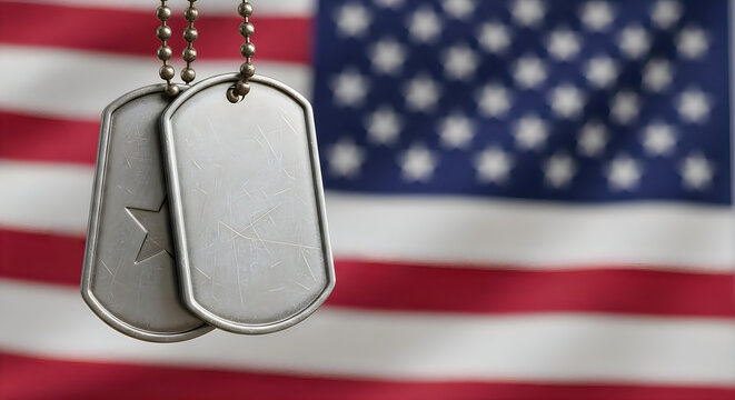 Military dog tags resting on an american flag for veterans day remembrance