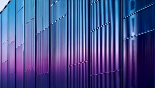 grid of vertical rectangular gradient blue purple textured wall panels on modern building exterior creates clean geometric minimalist architectural pattern background with subtle sky reflection