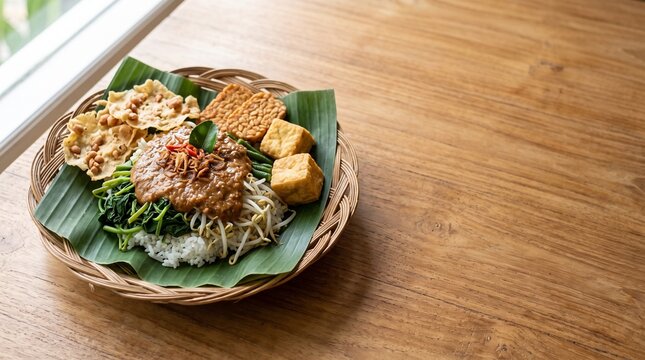 Authentic Indonesian Nasi Pecel Served with Peanut Sauce, Vegetables, Tempeh, Tofu, and Peanut Crackers