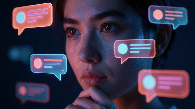 Young woman looking at floating digital speech bubbles in a dark room with neon light reflection