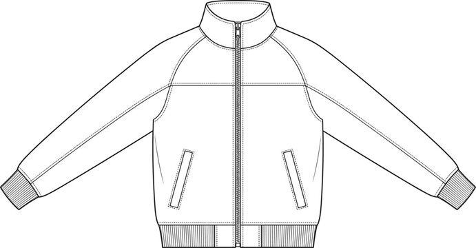 Men Raglan Bomber Jacket Technical CAD Flat Sketch Vector for Fashion Tech Pack and Apparel Manufacturing