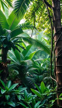 Tropical foliage sprawls across the canvas, vines wrapping around tree trunks, foliage, illustration