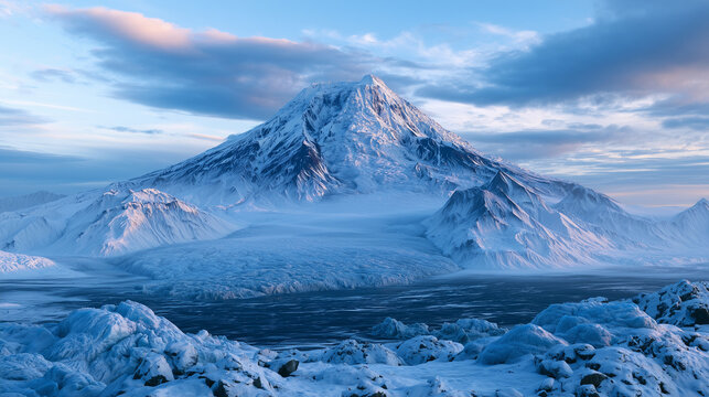 massive dormant volcano completely covered in snow and glacial ice, dark volcanic ridges emerging through the frozen surface, enormous glacier flowing from the summit toward a vast black sand plain.