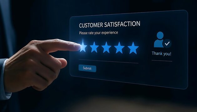 Digital interface showing customer satisfaction rating system with five blue stars, hand selecting fifth star for top rating, text reading CUSTOMER SATISFACTION and Please rate your experience, submit