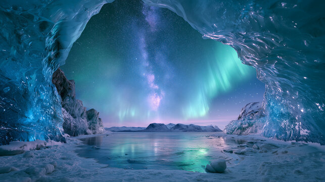 view from inside a gigantic blue glacier cave looking toward an arctic night sky illuminated by brilliant aurora borealis.