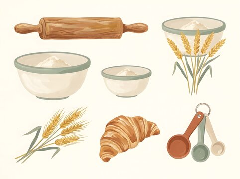 Baking ingredients and tools vector illustration for bakery recipe