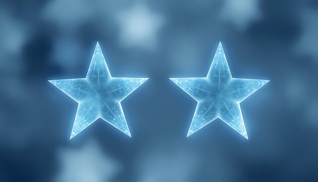 Two luminous five‑pointed stars with crystalline frosted texture glowing side by side, cool icy light against soft blurred blue background with faint out‑of‑focus star shapes