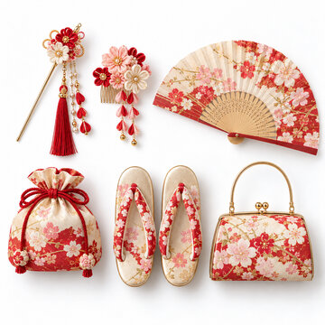 Traditional Japanese Kimono Accessories Set with Kanzashi, Fan, Zori and Handbag