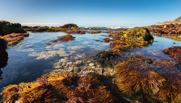 close up of rocky tide pool with clear water and seaweed under bright sunlight tranquil coastal nature copy space
