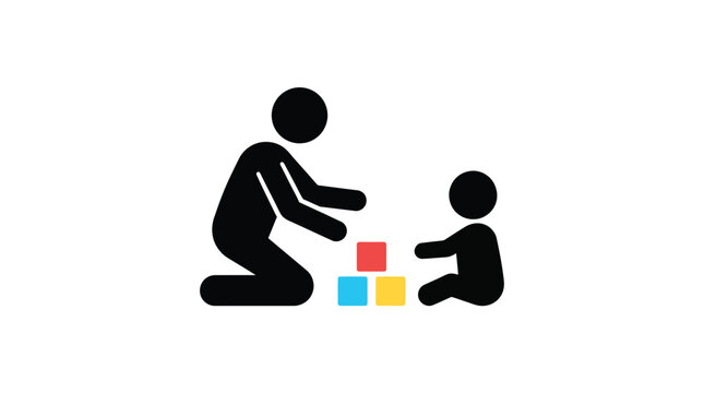 Minimalist vector graphic illustration showing adult playing with cute baby using colorful stacked plastic blocks