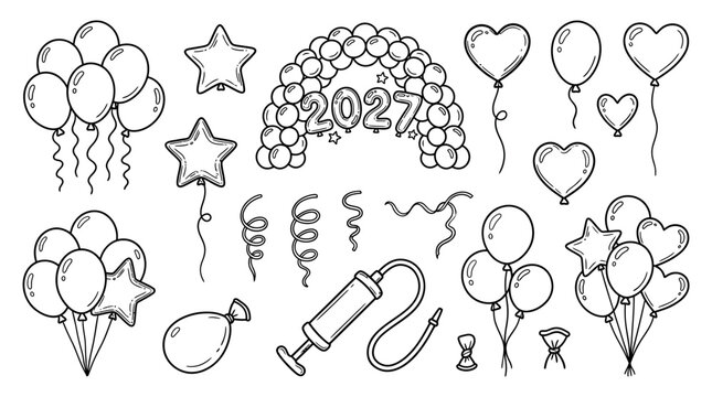 Doodle balloon set for 2027 New Year party, hand drawn party balloons and pump vector, festive celebration elements