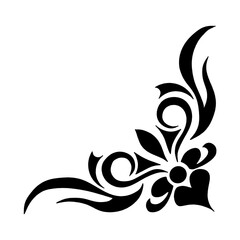 Ornamental floral corner frame vector art with tribal swirls and heart flourish isolated on white background. © pungky