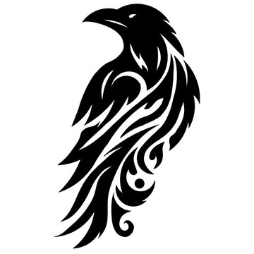 Tribal raven silhouette vector illustration, dark crow bird mascot design isolated on white background.
​Category