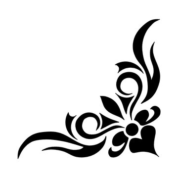 Ornamental floral corner frame vector art with tribal swirls and heart flourish isolated on white background.