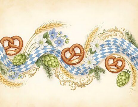 Bavarian pretzel and hops garland with blue checkered ribbon checkered bavarian watercolor illustration