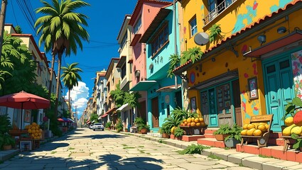 Obraz premium Vibrant Colorful Street Scene in a Tropical Town Featuring Anime Style Art with Palm Trees and Fresh Fruit Stalls