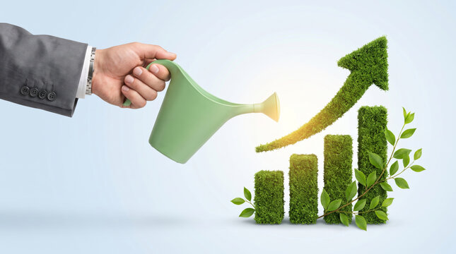 Watering can supports carbon emission chart growth. green renewable energy sustainability. future management responsibility, graph report statistic analysis monitoring
