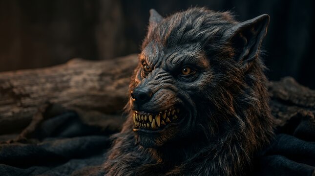 Fierce werewolf with sharp teeth and glowing eyes in a dark forest setting.