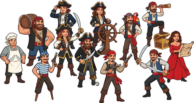 Cute cartoon pirate characters set with ship captain crew members and treasure elements isolated on white background vector