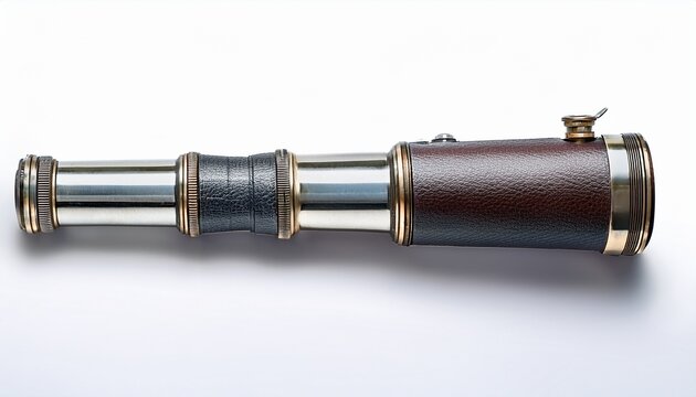 classic hand held retro spyglass telescope with a metallic grey body and a textured grip isolated on a clean white background