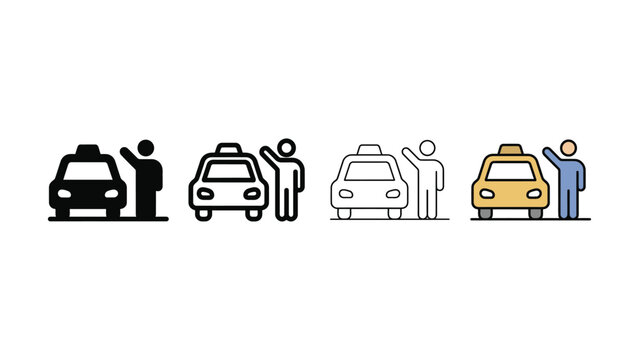 Person hailing a taxi cab during daytime with a raised hand in silhouette style Isolated on white background