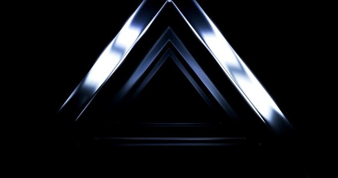 Abstract transparent glass triangular tunnel illuminated by flowing blue gradient light waves in darkness