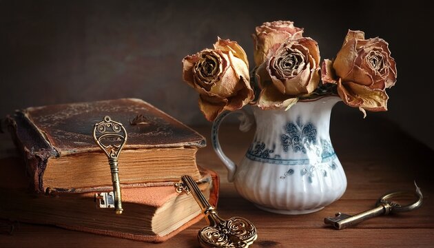 faded roses in a chipped porcelain vase aged book antique keys tabletop close up
