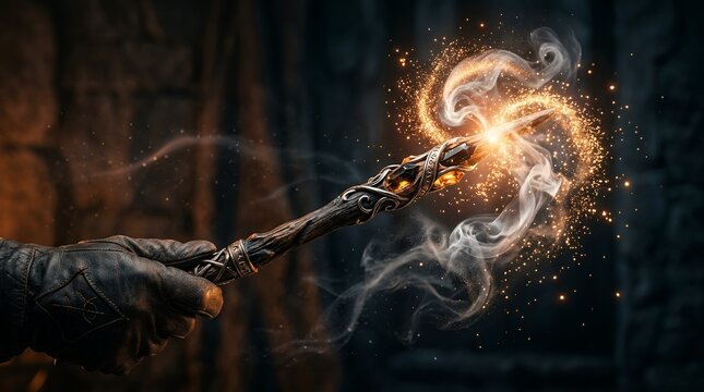 Hand holding a magical wand emitting sparks and smoke fantasy concept.
