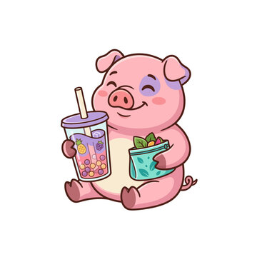 Cute cartoon pink pig with purple spots happily sitting, winking, and holding a bubble tea drink and a container of healthy salad.