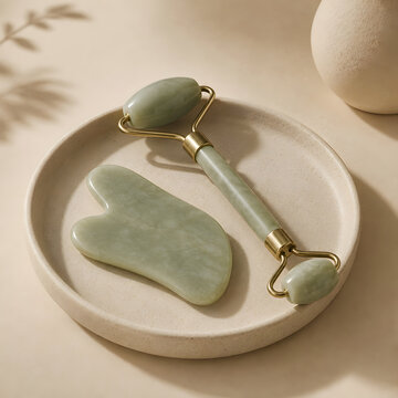 Jade roller and gua sha stone on ceramic plate, beauty skincare still life