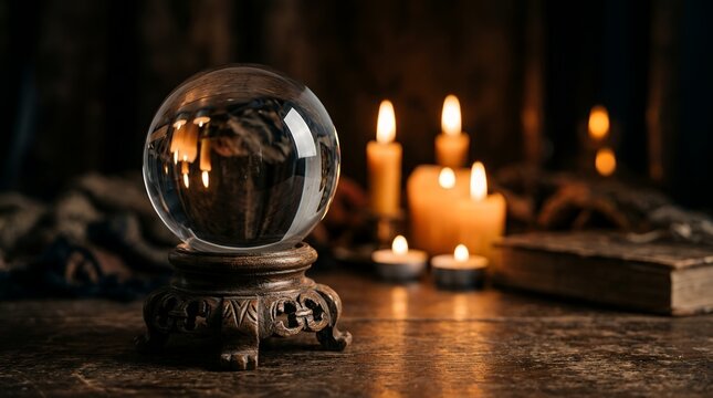 Mysterious crystal ball with candles and old book on wooden table.