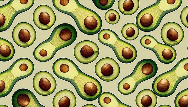 seamless food pattern showing geometric stylized green avocado halves with brown pits on a soft cream background
