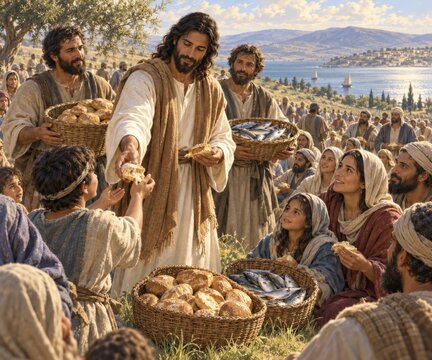 Miracle of Jesus Feeding Loaves and Fishes to the Many Thousand Crowd
